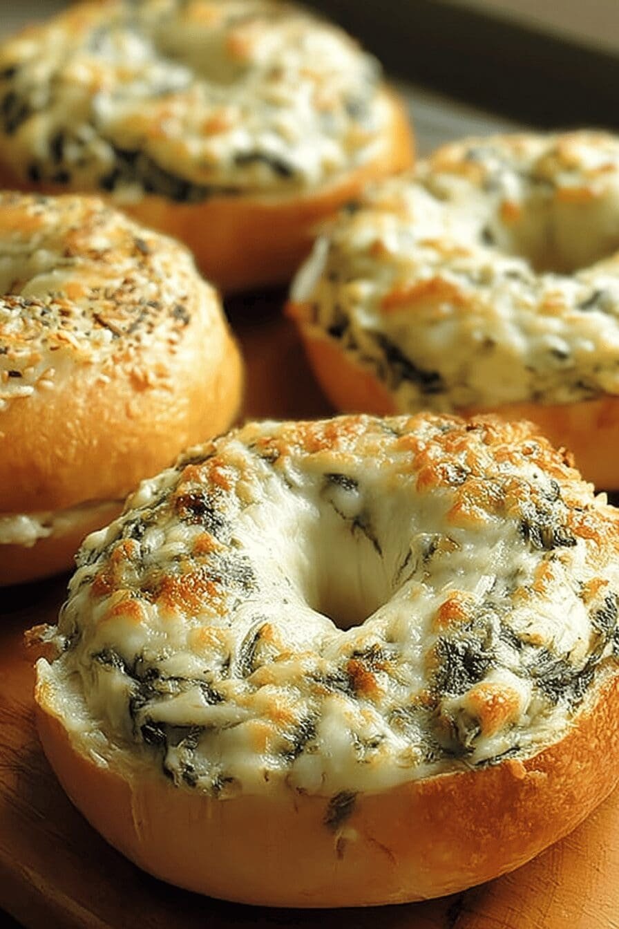 Cheesy Spinach Artichoke Bagels