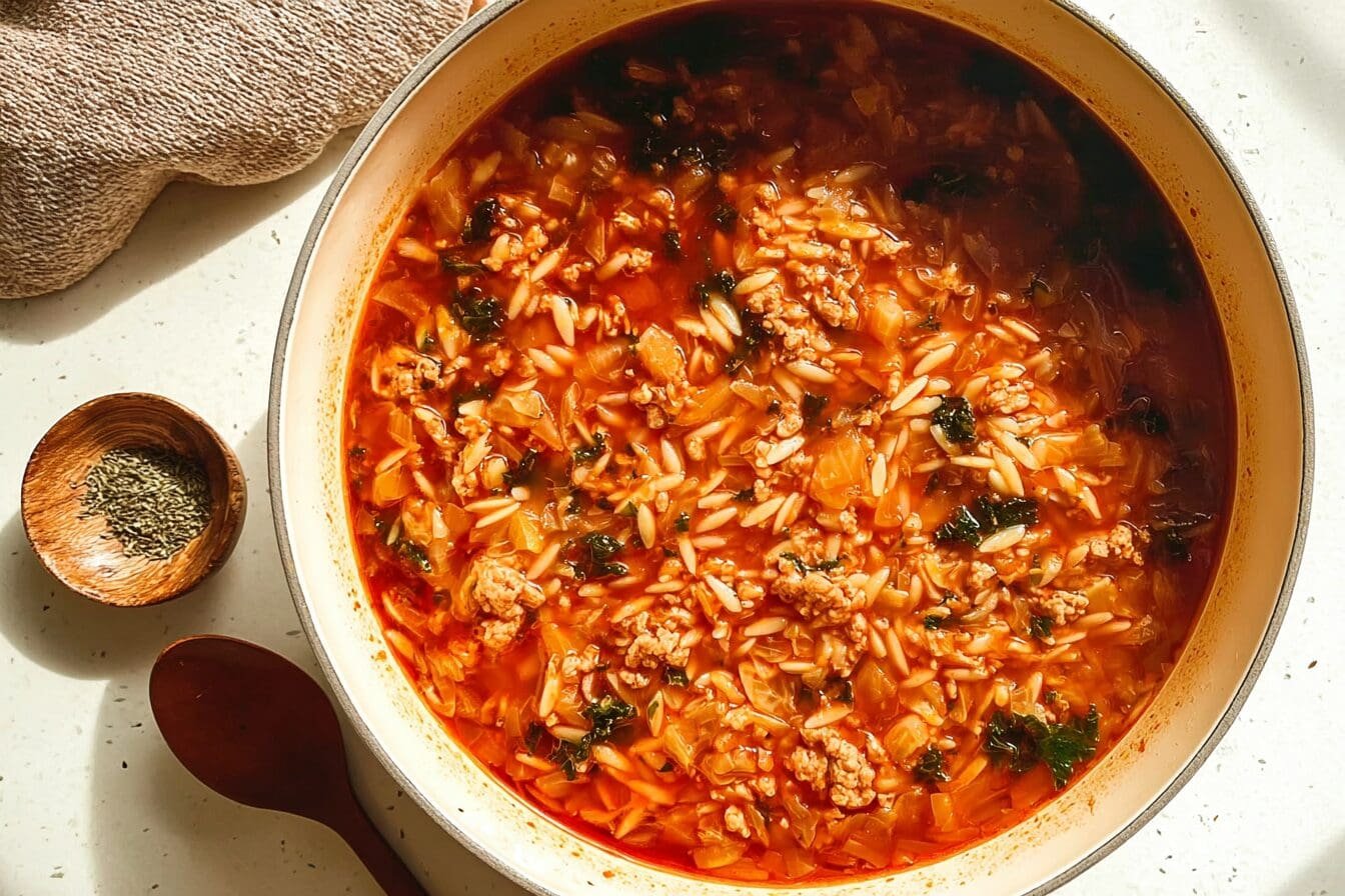 Cabbage Sausage Orzo Soup
