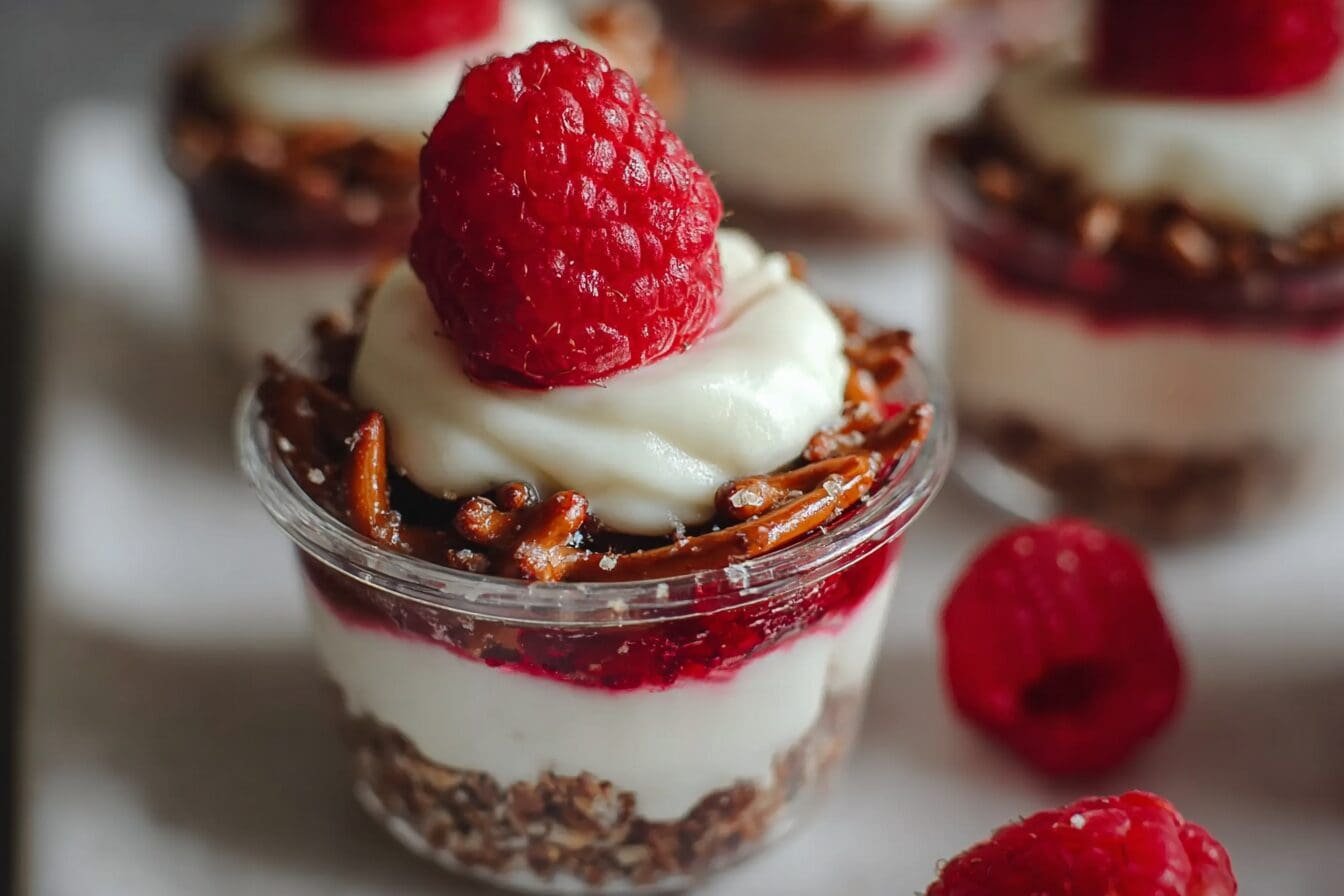 No Bake Raspberry Pretzel Cups