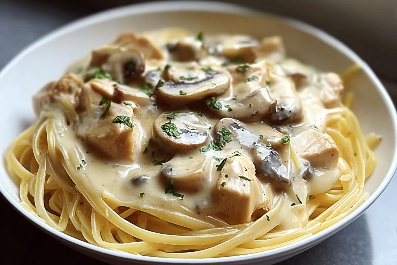 Creamy Chicken Mushroom Alfredo Spaghetti