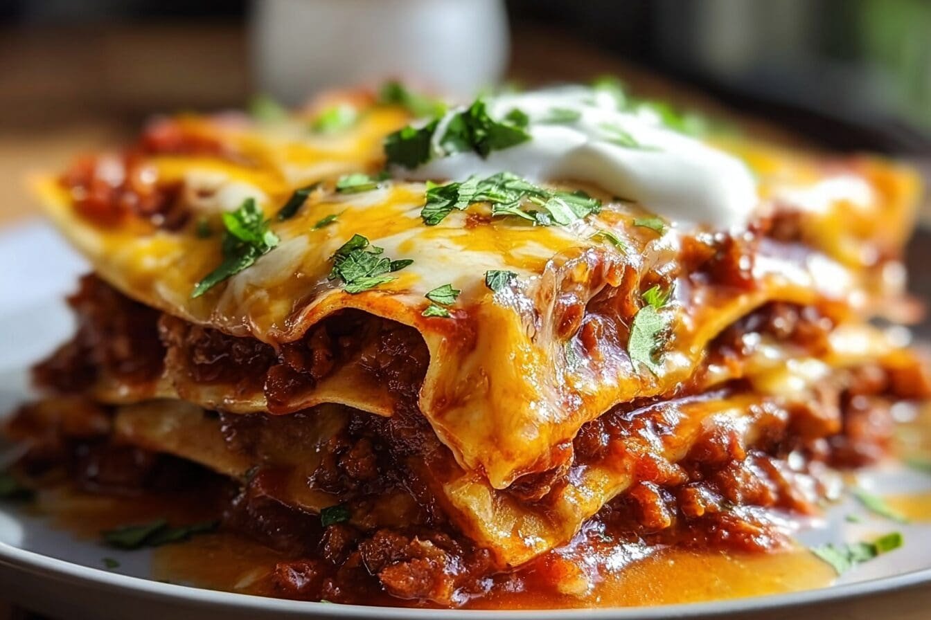 New Mexico Style Stacked Red Enchiladas