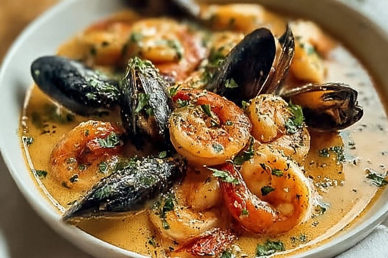 Shrimp And Mussels In Creamy Garlic Sauce