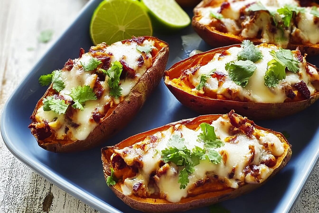 Loaded Sweet Potato Skins With Cheesy Bacon And Sour Cream Toppings 6 Sweet Potato Skins